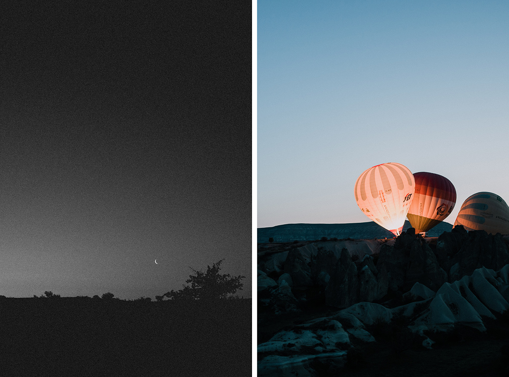 Kappadokien Reisefotografie Türkei Ballonfahrt Ballone steigen auf Sonnenuntergang